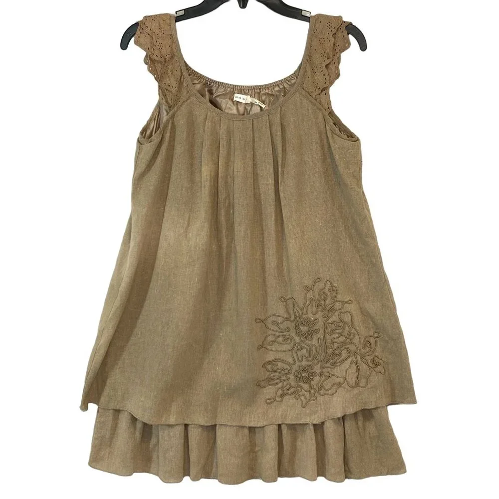 Lagenlook Tan Linen Dress Size M Embroidered Tiers Lightweight Blue Bird Boho - Picture 6 of 12